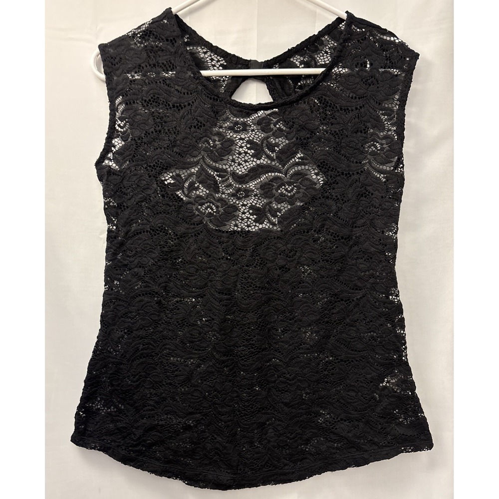Maurices Black Floral‎ Lace Open Back Keyhole Sleeveless Tank Top S/M